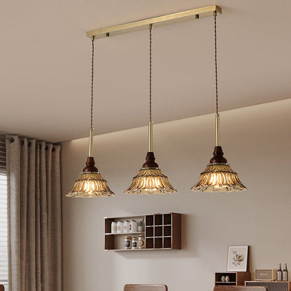Traditional French Conical Iron Glass Solid Wood 1/3 - Light Chandelier For Dining Room