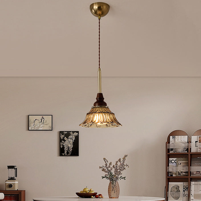 Traditional French Conical Iron Glass Solid Wood 1/3 - Light Chandelier For Dining Room