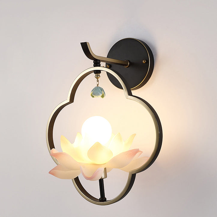 Traditional Chinese Four Leaf Clover Shape Lotus Resin Ceramics Hardware 1 - Light Wall Sconce Lamp For Bedroom