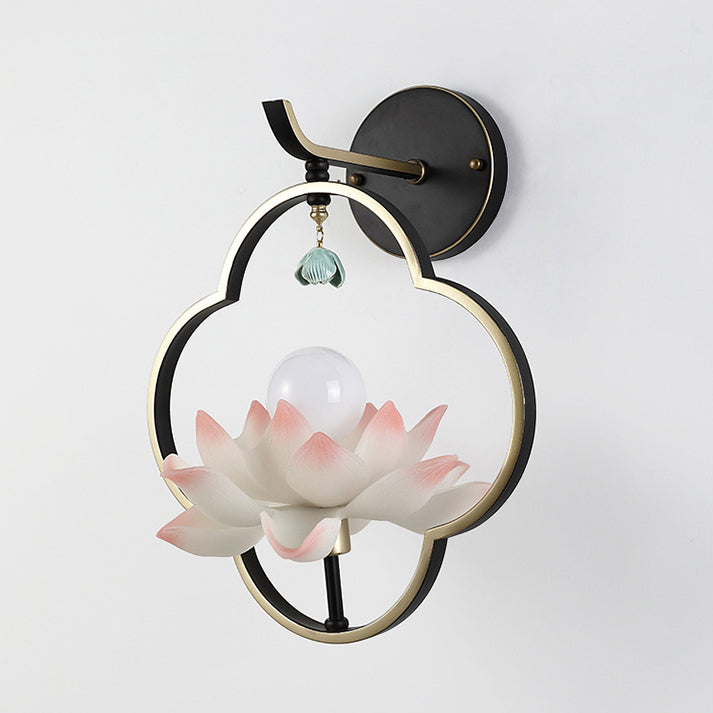 Traditional Chinese Four Leaf Clover Shape Lotus Resin Ceramics Hardware 1 - Light Wall Sconce Lamp For Bedroom