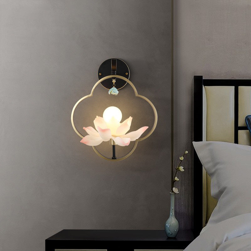Traditional Chinese Four Leaf Clover Shape Lotus Resin Ceramics Hardware 1 - Light Wall Sconce Lamp For Bedroom