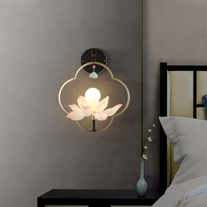Traditional Chinese Four Leaf Clover Shape Lotus Resin Ceramics Hardware 1 - Light Wall Sconce Lamp For Bedroom