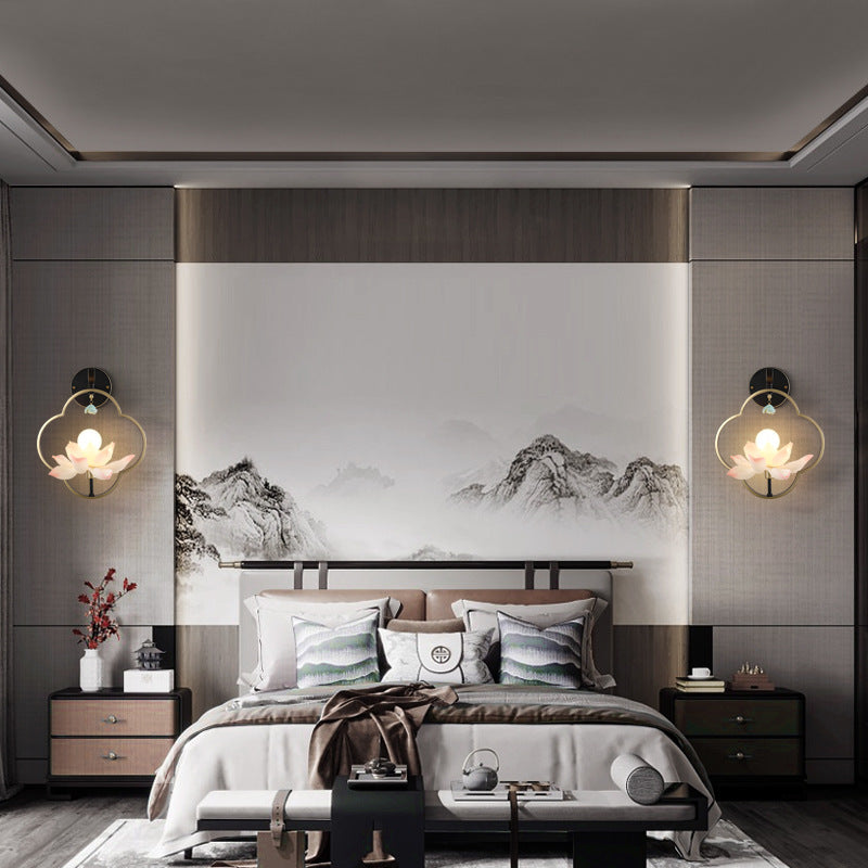 Traditional Chinese Four Leaf Clover Shape Lotus Resin Ceramics Hardware 1 - Light Wall Sconce Lamp For Bedroom