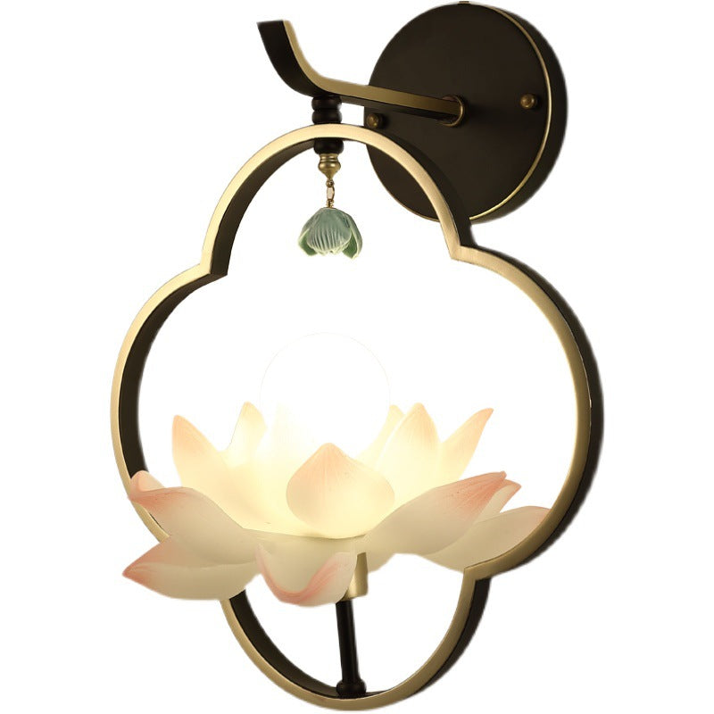 Traditional Chinese Four Leaf Clover Shape Lotus Resin Ceramics Hardware 1 - Light Wall Sconce Lamp For Bedroom
