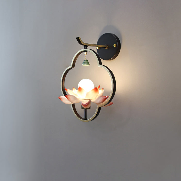 Traditional Chinese Four Leaf Clover Shape Lotus Resin Ceramics Hardware 1 - Light Wall Sconce Lamp For Bedroom