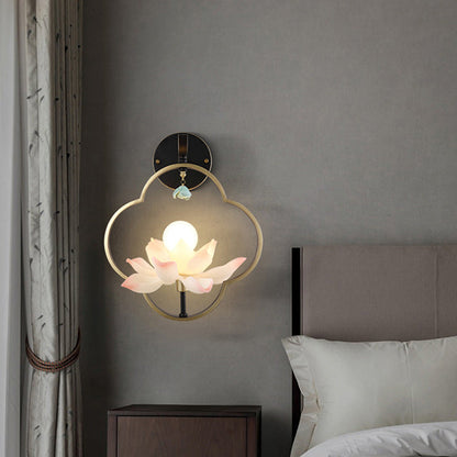 Traditional Chinese Four Leaf Clover Shape Lotus Resin Ceramics Hardware 1 - Light Wall Sconce Lamp For Bedroom