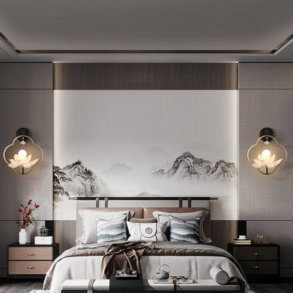 Traditional Chinese Four Leaf Clover Shape Lotus Resin Ceramics Hardware 1 - Light Wall Sconce Lamp For Bedroom
