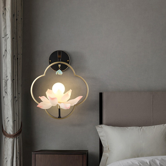 Traditional Chinese Four Leaf Clover Shape Lotus Resin Ceramics Hardware 1 - Light Wall Sconce Lamp For Bedroom