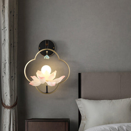 Traditional Chinese Four Leaf Clover Shape Lotus Resin Ceramics Hardware 1 - Light Wall Sconce Lamp For Bedroom