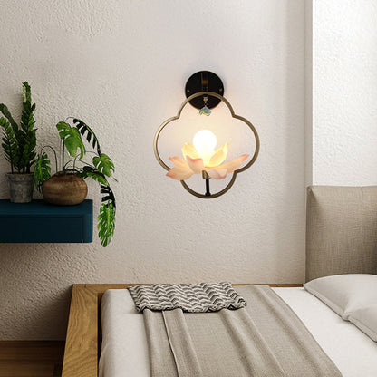 Traditional Chinese Four Leaf Clover Shape Lotus Resin Ceramics Hardware 1 - Light Wall Sconce Lamp For Bedroom