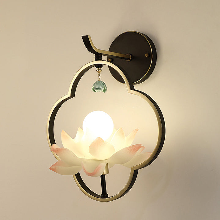 Traditional Chinese Four Leaf Clover Shape Lotus Resin Ceramics Hardware 1 - Light Wall Sconce Lamp For Bedroom