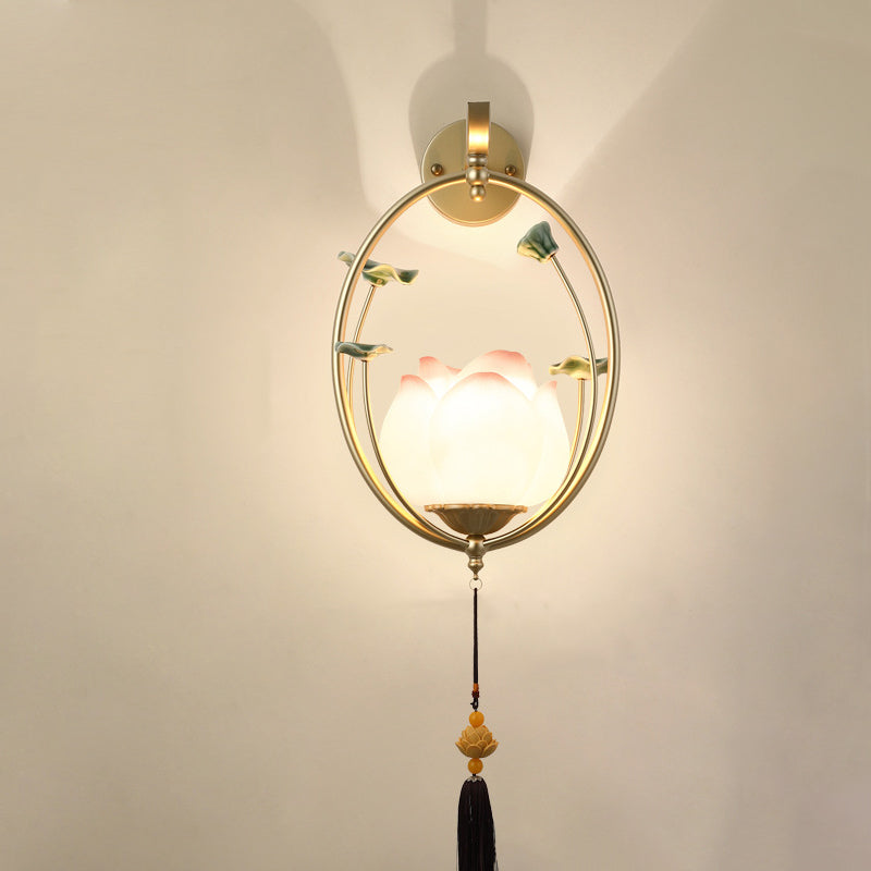 Traditional Chinese Round Lotus Resin Ceramics Iron 1 - Light Wall Sconce Lamp For Bedroom