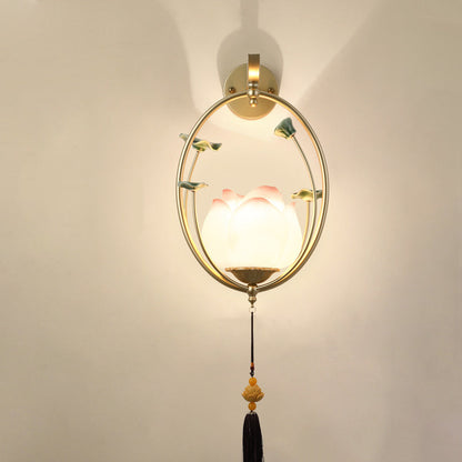 Traditional Chinese Round Lotus Resin Ceramics Iron 1 - Light Wall Sconce Lamp For Bedroom
