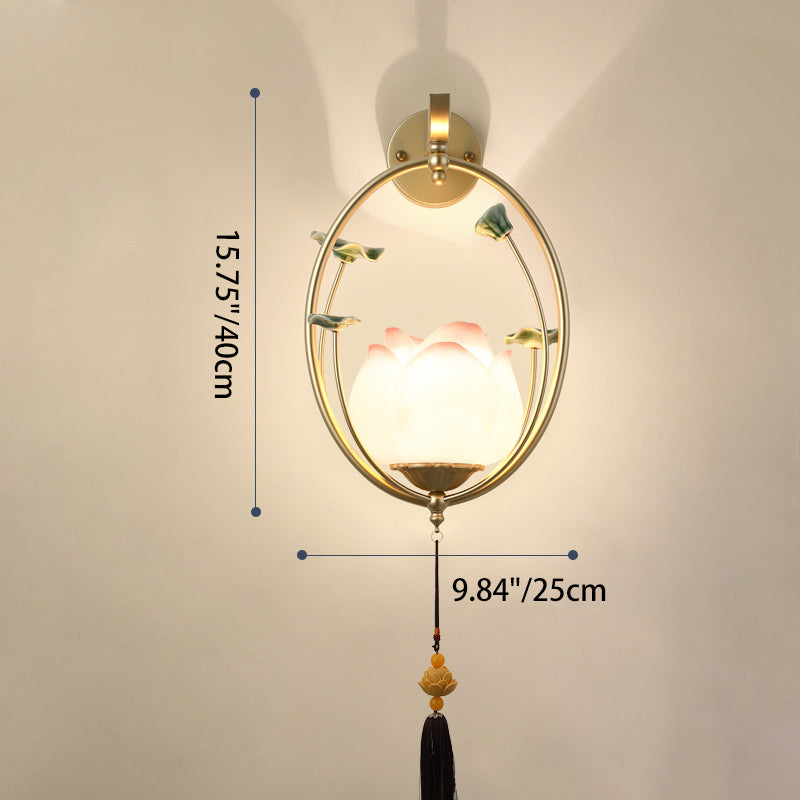 Traditional Chinese Round Lotus Resin Ceramics Iron 1 - Light Wall Sconce Lamp For Bedroom
