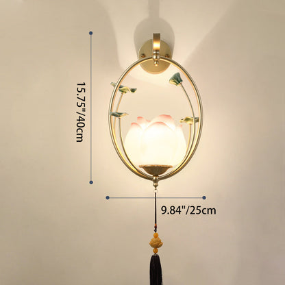 Traditional Chinese Round Lotus Resin Ceramics Iron 1 - Light Wall Sconce Lamp For Bedroom