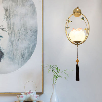 Traditional Chinese Round Lotus Resin Ceramics Iron 1 - Light Wall Sconce Lamp For Bedroom