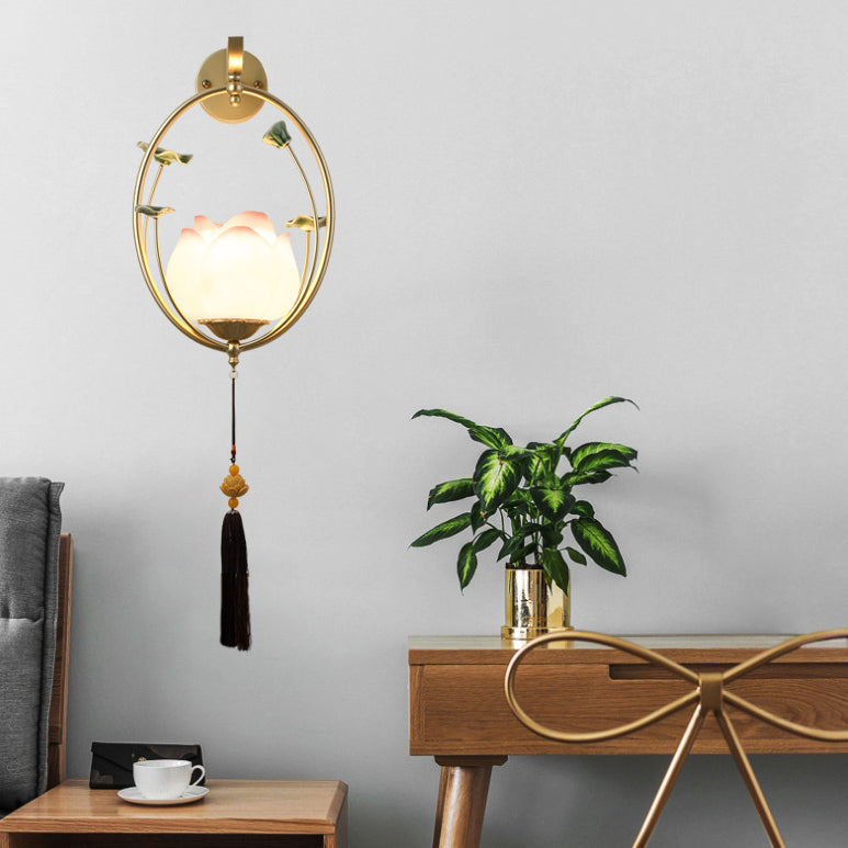 Traditional Chinese Round Lotus Resin Ceramics Iron 1 - Light Wall Sconce Lamp For Bedroom