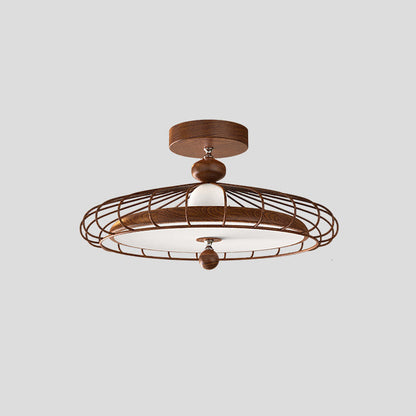 Traditional French Round Grille Iron Acrylic LED Semi-Flush Mount Ceiling Light For Bedroom