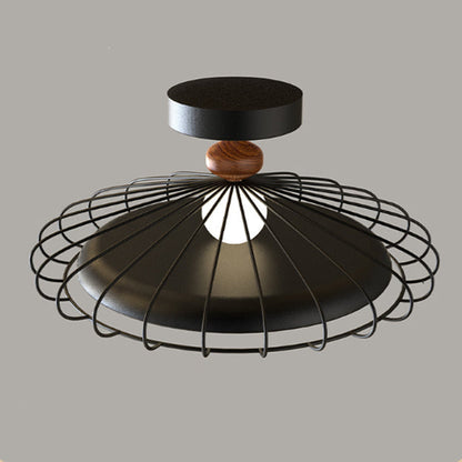Traditional French Round Grille Iron Acrylic LED Semi-Flush Mount Ceiling Light For Bedroom