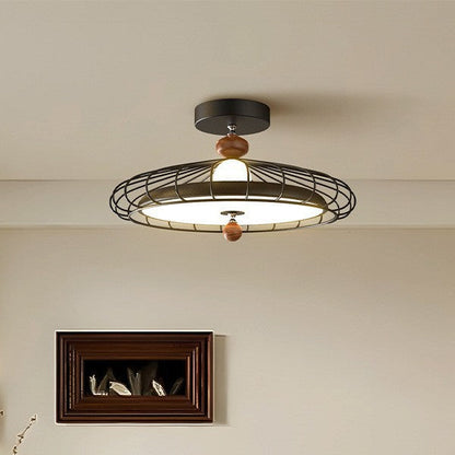Traditional French Round Grille Iron Acrylic LED Semi-Flush Mount Ceiling Light For Bedroom