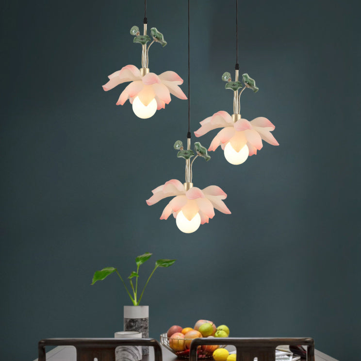 Traditional Chinese Lotus Orb Iron Resin Ceramics 1/3/5 - Light Chandelier For Dining Room