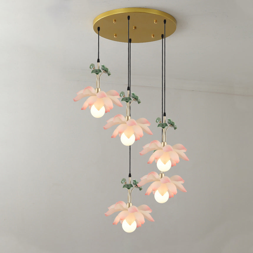 Traditional Chinese Lotus Orb Iron Resin Ceramics 1/3/5 - Light Chandelier For Dining Room