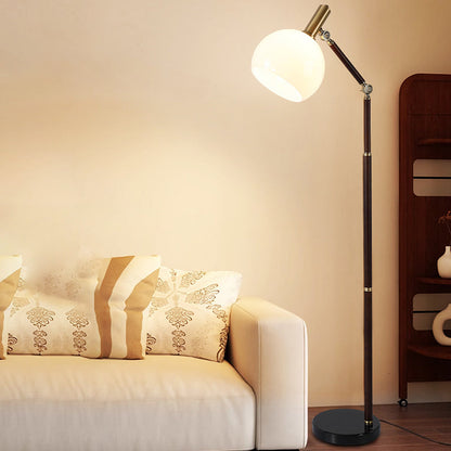 Contemporary Retro Semicircle Round Base Bendable Rubber Wood Marble Glass 1 - Light Standing Floor Lamp For Living Room