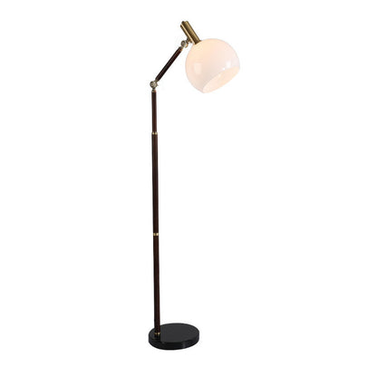 Contemporary Retro Semicircle Round Base Bendable Rubber Wood Marble Glass 1 - Light Standing Floor Lamp For Living Room