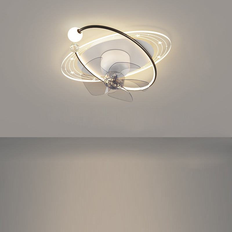 Contemporary Nordic Round Oval Five Fan Blades Orb Iron Acrylic LED Flush Mount Ceiling Fan Light For Bedroom