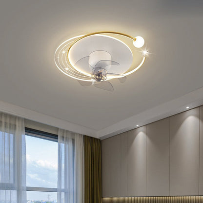 Contemporary Nordic Round Oval Five Fan Blades Orb Iron Acrylic LED Flush Mount Ceiling Fan Light For Bedroom