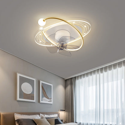 Contemporary Nordic Round Oval Five Fan Blades Orb Iron Acrylic LED Flush Mount Ceiling Fan Light For Bedroom