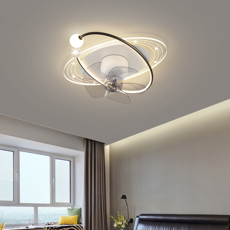 Contemporary Nordic Round Oval Five Fan Blades Orb Iron Acrylic LED Flush Mount Ceiling Fan Light For Bedroom