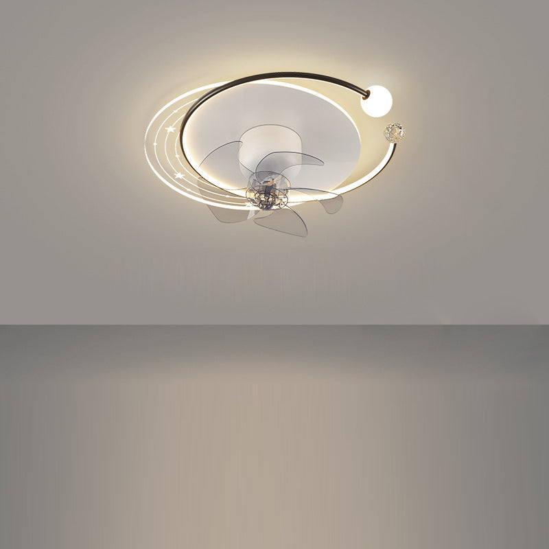 Contemporary Nordic Round Oval Five Fan Blades Orb Iron Acrylic LED Flush Mount Ceiling Fan Light For Bedroom