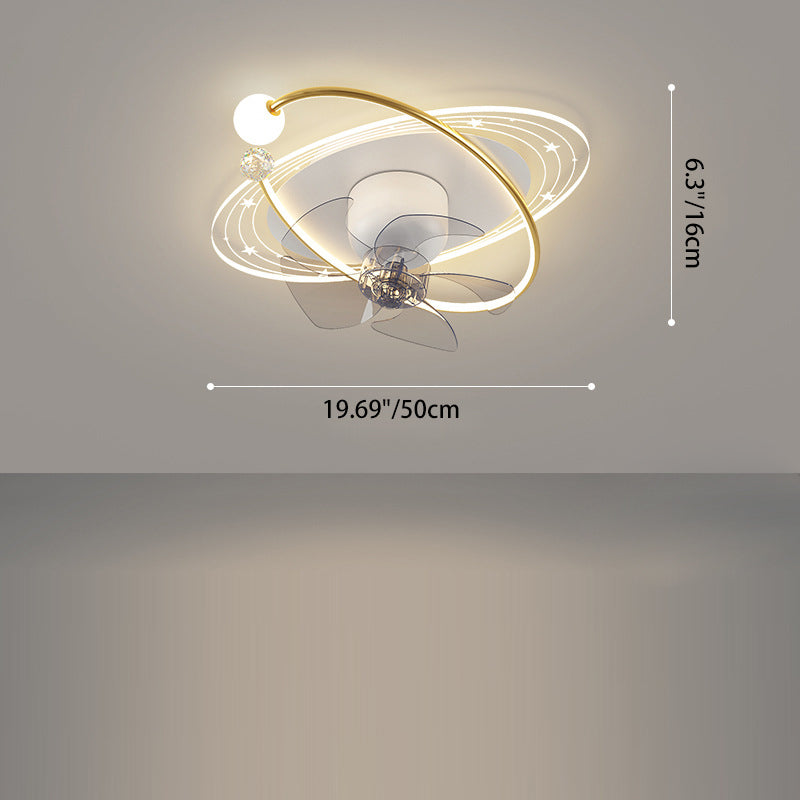Contemporary Nordic Round Oval Five Fan Blades Orb Iron Acrylic LED Flush Mount Ceiling Fan Light For Bedroom