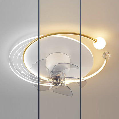 Contemporary Nordic Round Oval Five Fan Blades Orb Iron Acrylic LED Flush Mount Ceiling Fan Light For Bedroom