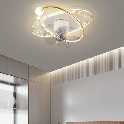 Contemporary Nordic Round Oval Five Fan Blades Orb Iron Acrylic LED Flush Mount Ceiling Fan Light For Bedroom