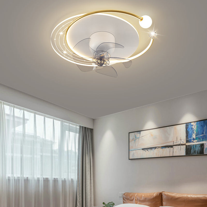 Contemporary Nordic Round Oval Five Fan Blades Orb Iron Acrylic LED Flush Mount Ceiling Fan Light For Bedroom