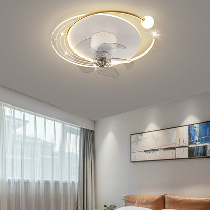Contemporary Nordic Round Oval Five Fan Blades Orb Iron Acrylic LED Flush Mount Ceiling Fan Light For Bedroom