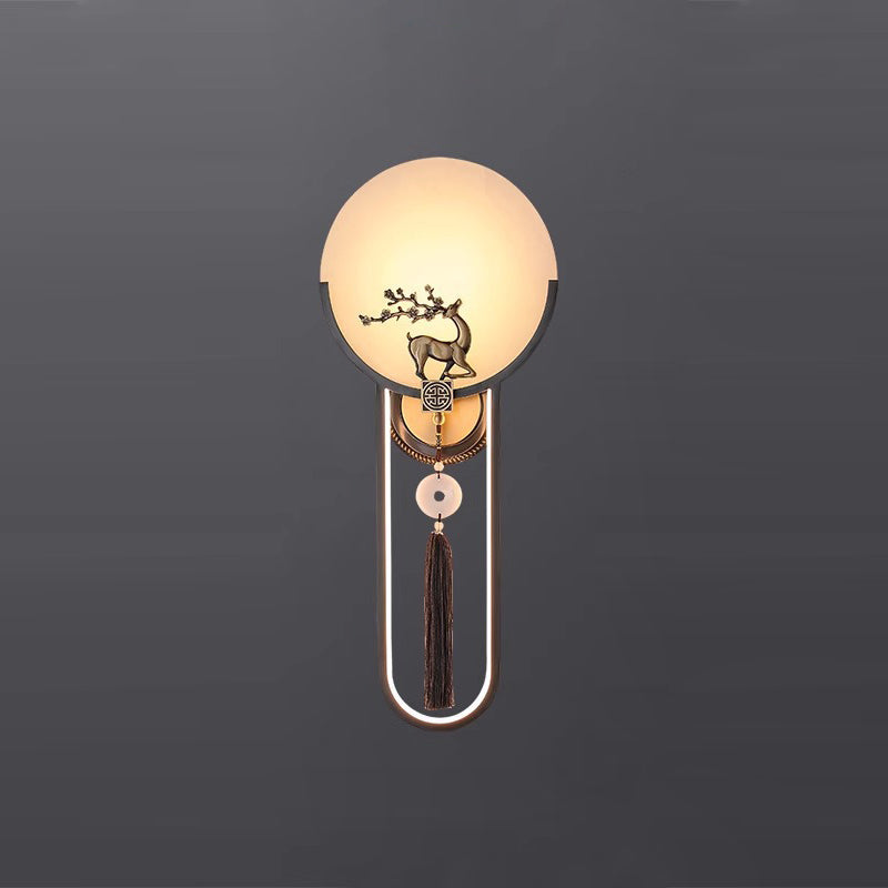 Traditional Chinese Round Deer Marble Copper LED Wall Sconce Lamp For Living Room