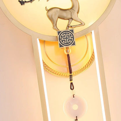 Traditional Chinese Round Deer Marble Copper LED Wall Sconce Lamp For Living Room