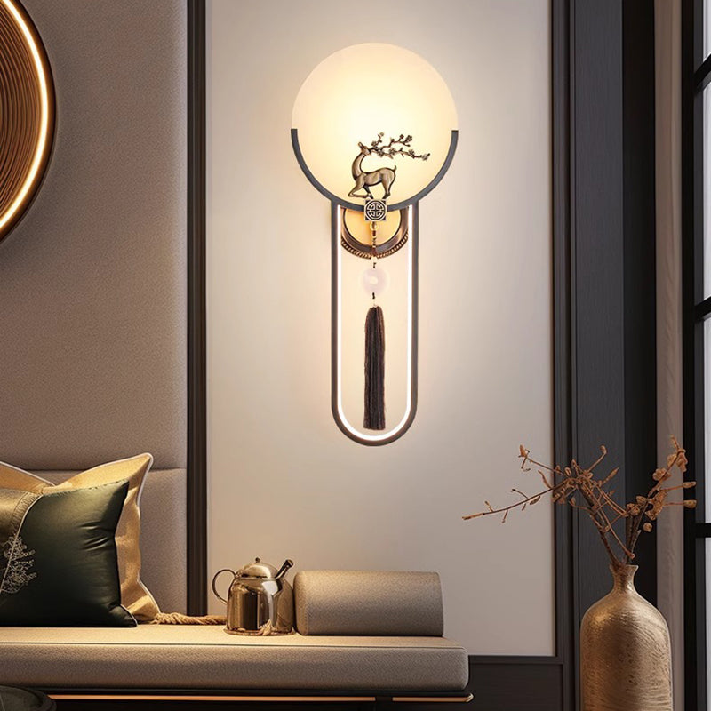 Traditional Chinese Round Deer Marble Copper LED Wall Sconce Lamp For Living Room