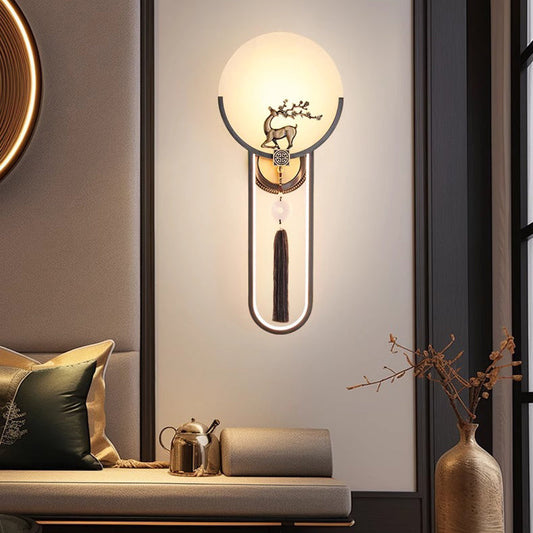 Traditional Chinese Round Deer Marble Copper LED Wall Sconce Lamp For Living Room