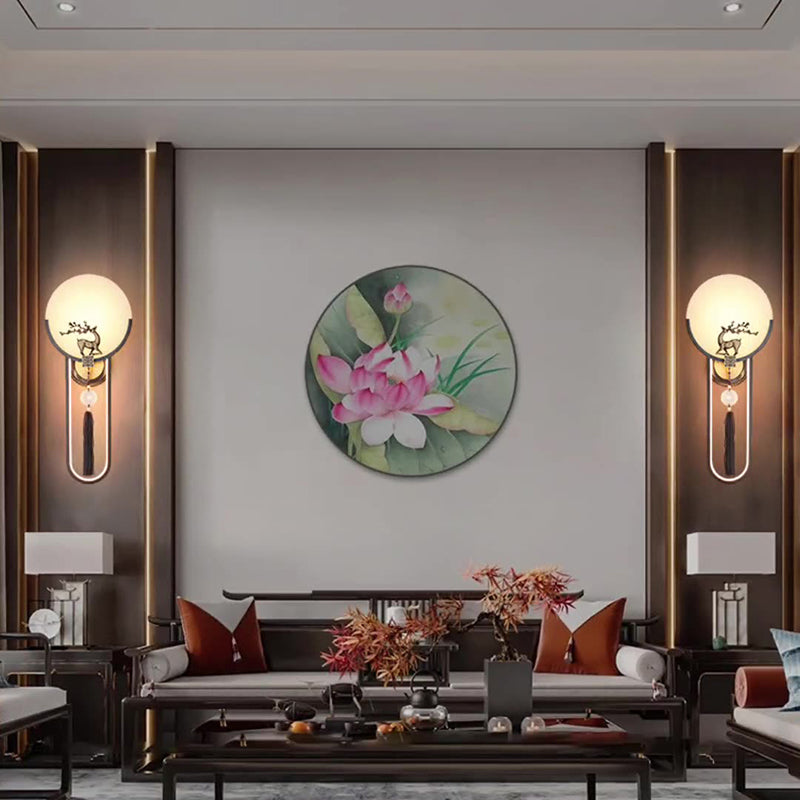 Traditional Chinese Round Deer Marble Copper LED Wall Sconce Lamp For Living Room
