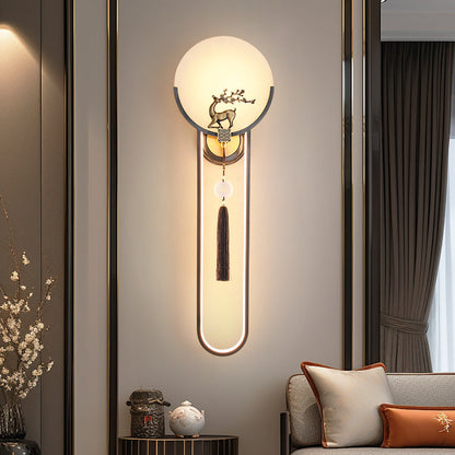 Traditional Chinese Round Deer Marble Copper LED Wall Sconce Lamp For Living Room