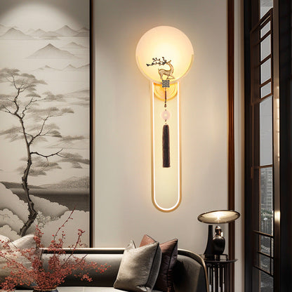 Traditional Chinese Round Deer Marble Copper LED Wall Sconce Lamp For Living Room