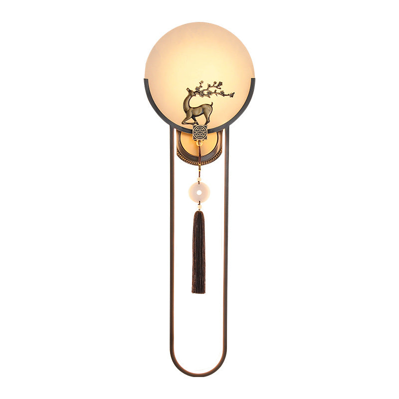 Traditional Chinese Round Deer Marble Copper LED Wall Sconce Lamp For Living Room