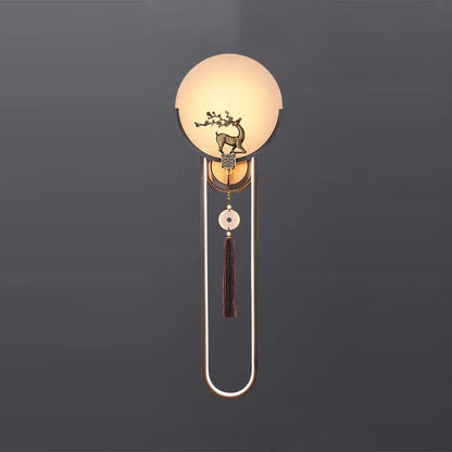 Traditional Chinese Round Deer Marble Copper LED Wall Sconce Lamp For Living Room