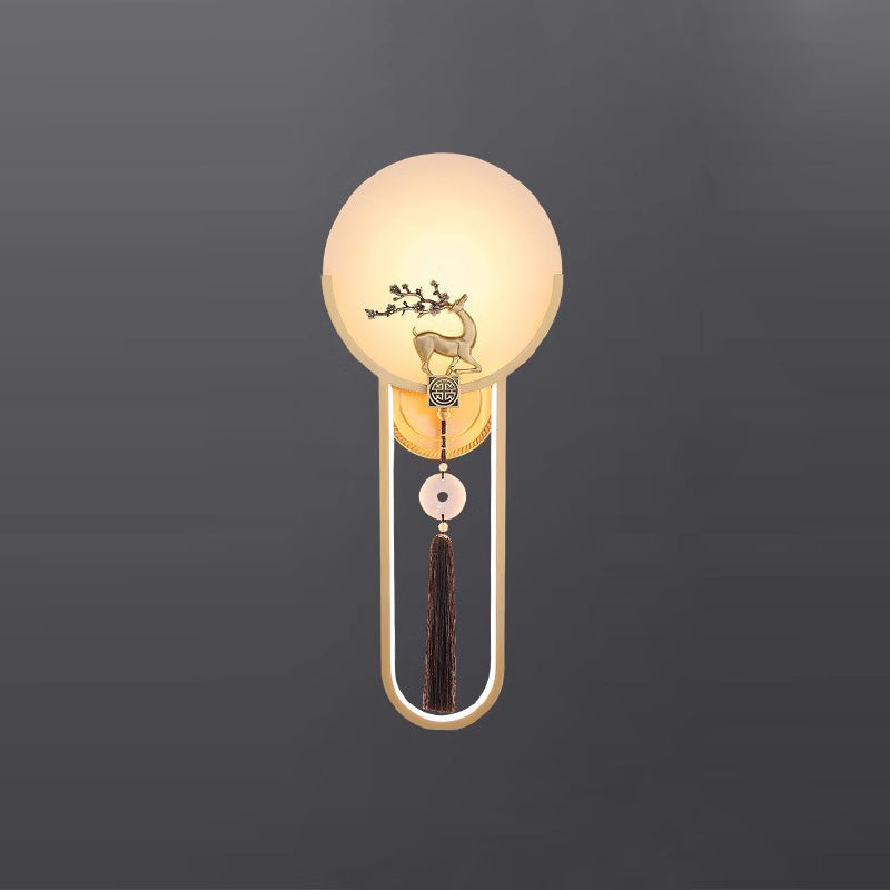 Traditional Chinese Round Deer Marble Copper LED Wall Sconce Lamp For Living Room