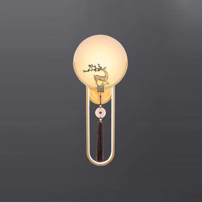 Traditional Chinese Round Deer Marble Copper LED Wall Sconce Lamp For Living Room