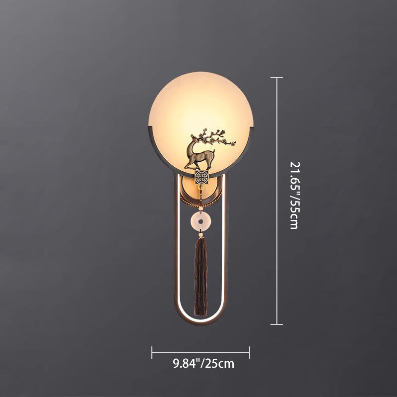 Traditional Chinese Round Deer Marble Copper LED Wall Sconce Lamp For Living Room